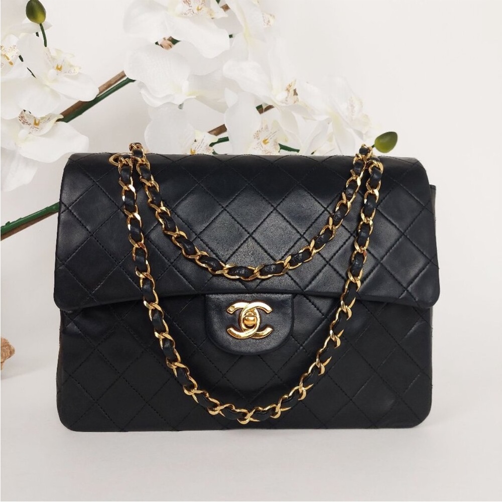 CHANEL 25 Black Double Flap Quilted Lambskin Leather Bag